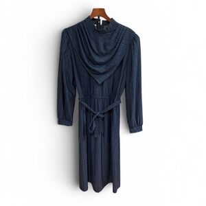 Vtg early 80s Periwinkle Navy Pinstripe Draped Cowl Neck Midi Dress Plus Sz 20‎